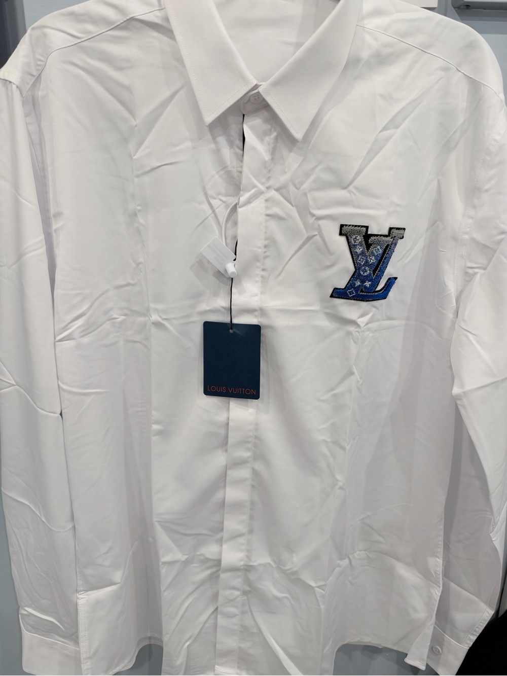 Louis Vuitton White Button-Down Shirt with Blue LV Patch